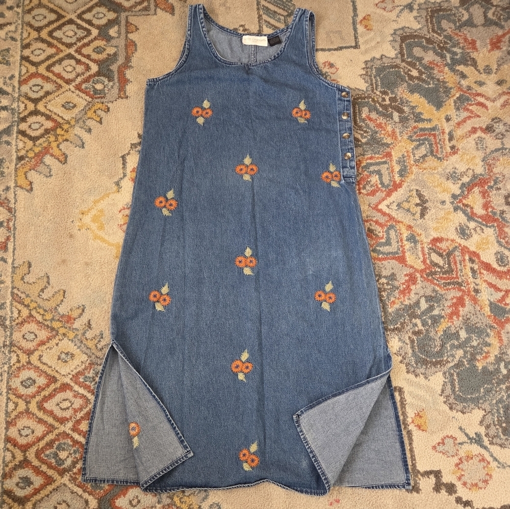 Vintage Denim Petite Sophisticates Embroidered Floral Dress Jumper Overall Y2k - Picture 8 of 9